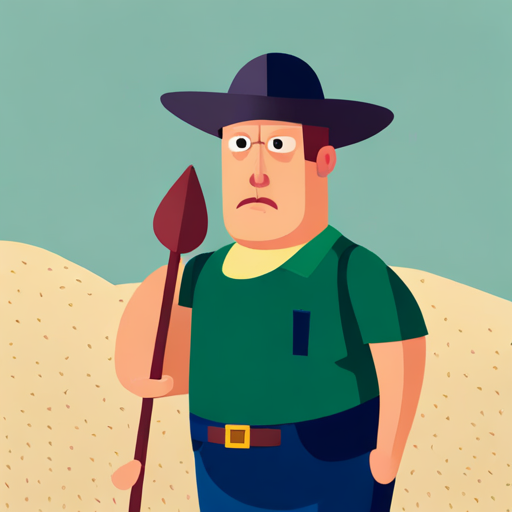 A farmer with a hat, holding a shovel. looking sad but determined to do the right thing