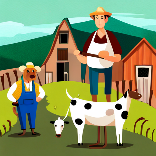 A farmer with a hat, holding a shovel., A brown dog with a wagging tail., and A white cow with black spots. being celebrated by the whole village