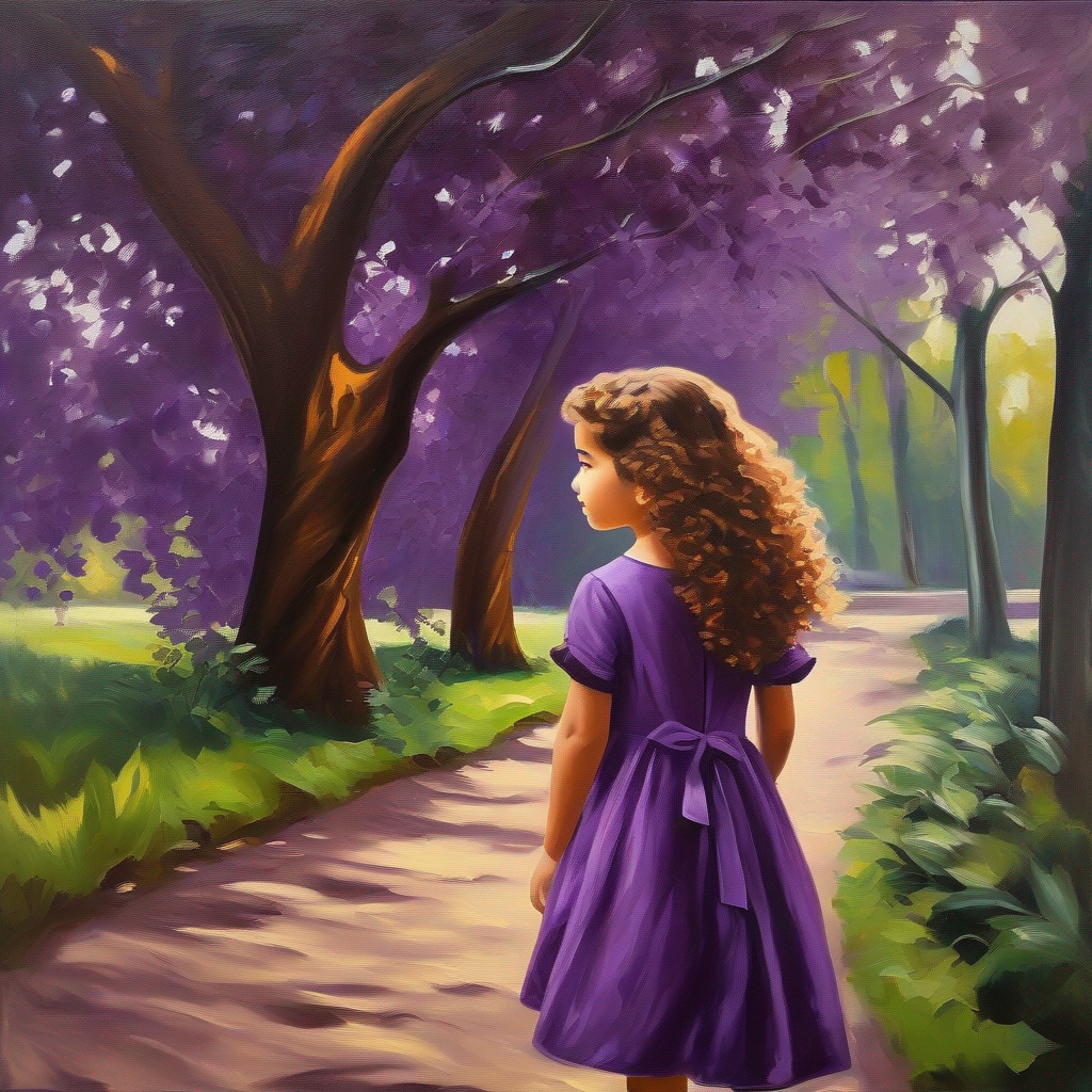 Young girl with brown curly hair and a purple dress. discovers a hidden path in the park.