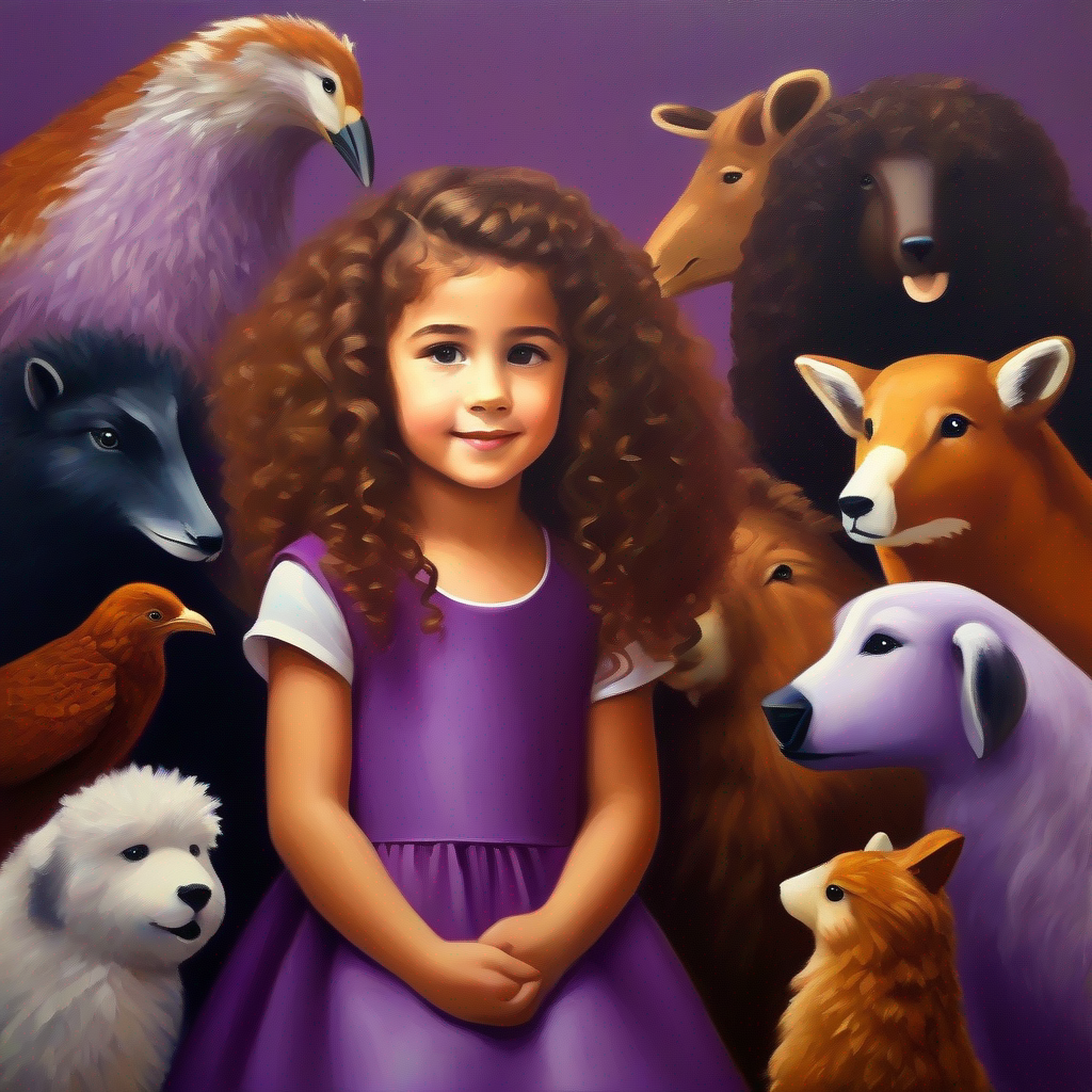 Young girl with brown curly hair and a purple dress. meets talking animals and they become friends.