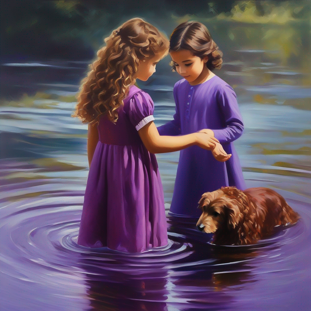 Young girl with brown curly hair and a purple dress. touches the water and gains the ability to understand animals.