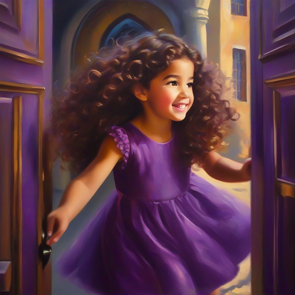 Young girl with brown curly hair and a purple dress. and her friends find a door to a magical realm.