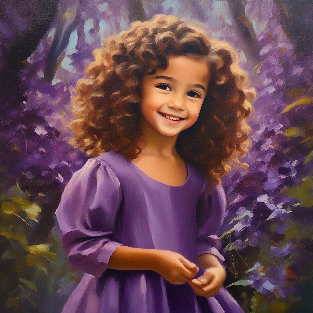 Young girl with brown curly hair and a purple dress. becomes wiser and spreads joy in the enchanted forest.