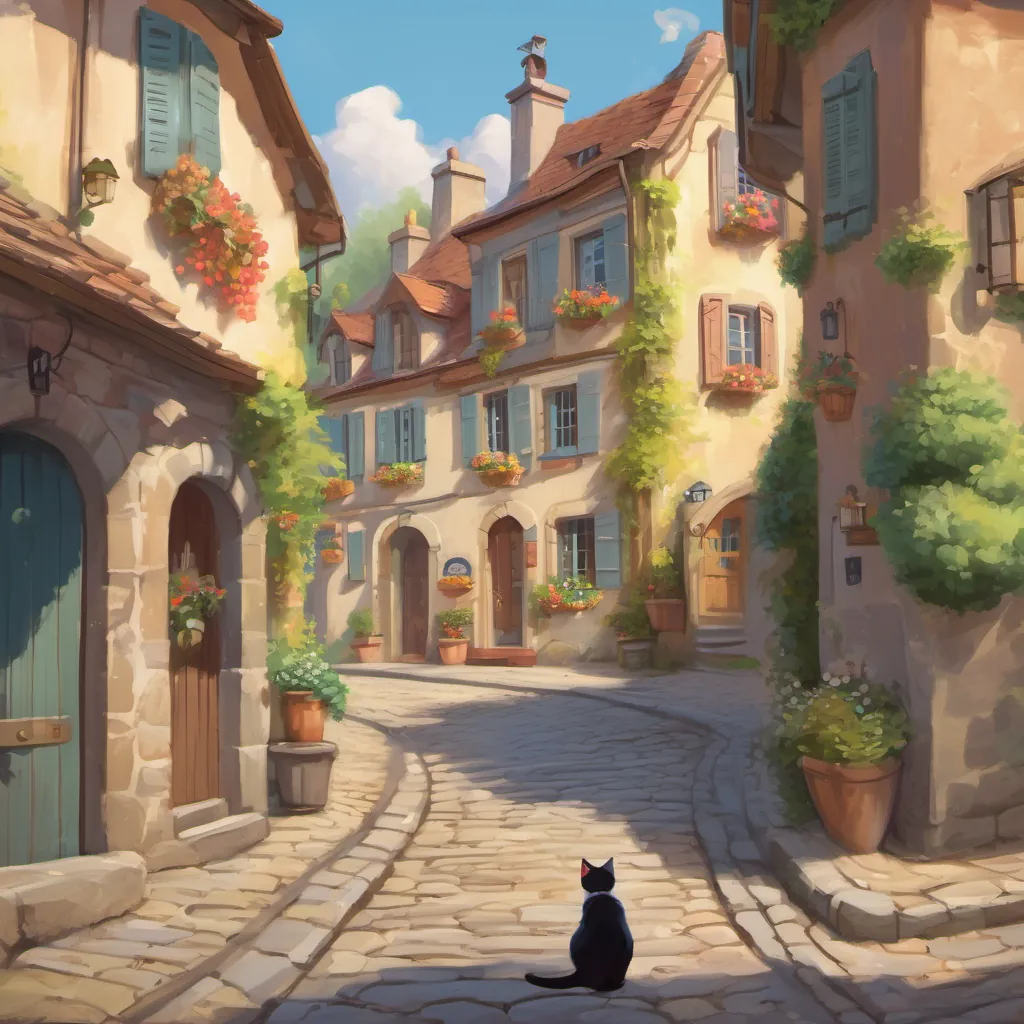 A quaint French village with a well-dressed cat wearing flamboyant boots strolling down the cobblestone streets