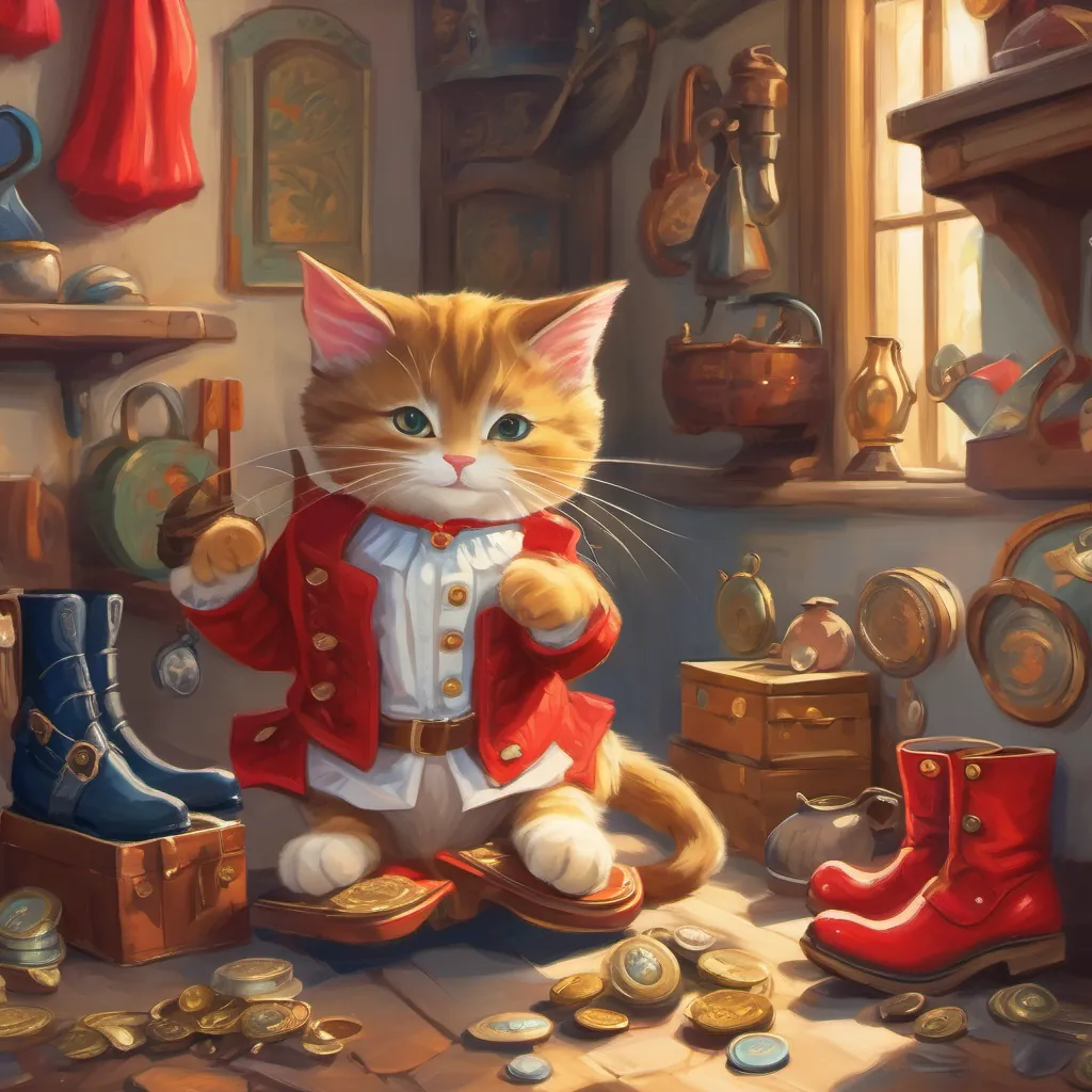 A well-dressed, whimsical French cat wearing red shiny boots with bright buckles purring contentedly while looking at the treasures they found, expressing happiness
