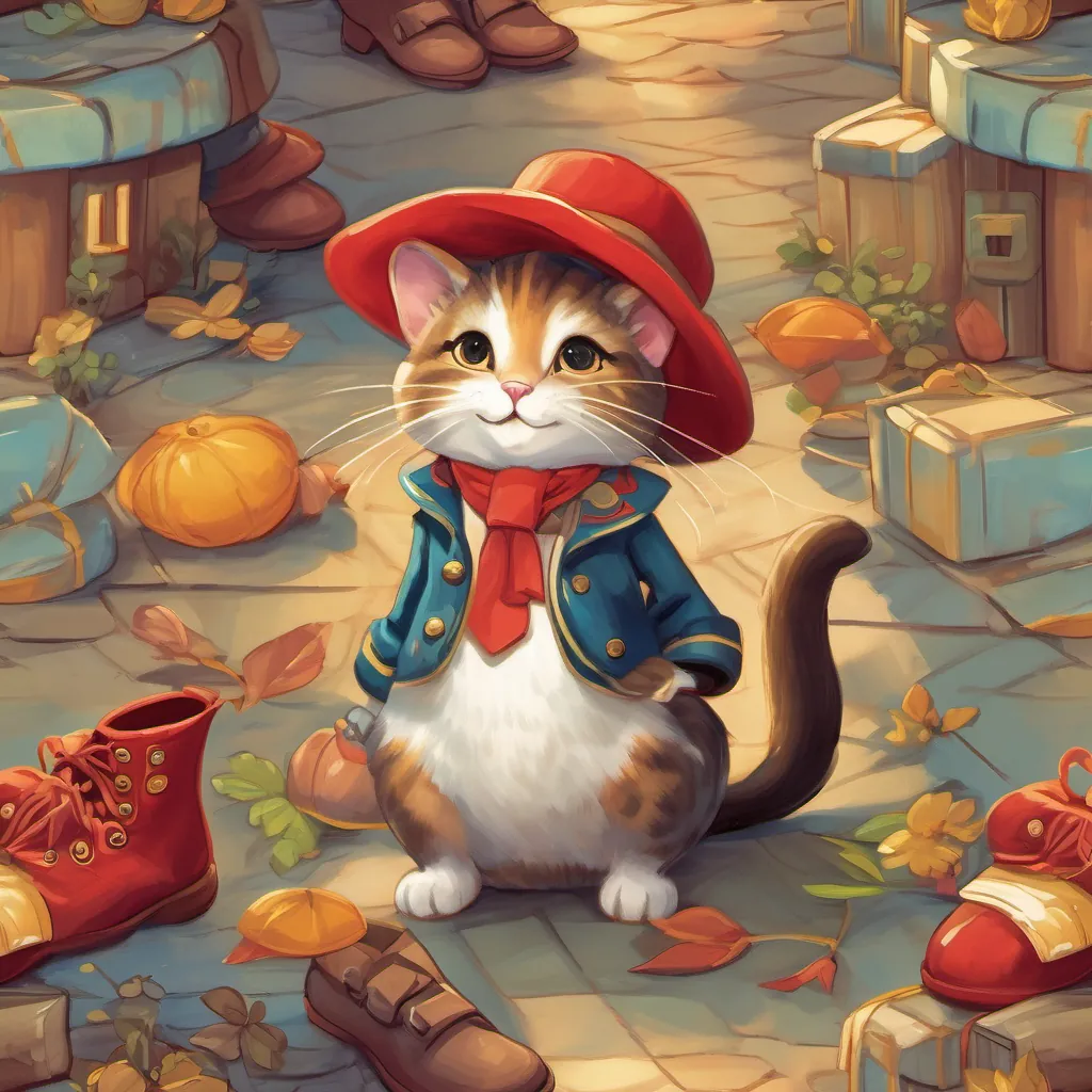 A well-dressed, whimsical French cat wearing red shiny boots with bright buckles and A cheerful and enthusiastic little mouse with a tiny hat, eager for adventure dancing as the sun sets, casting a warm golden glow over them, symbolizing their friendship