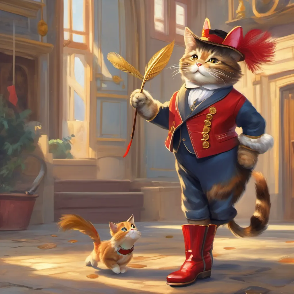 A well-dressed, whimsical French cat wearing red shiny boots with bright buckles holding a golden feather with an excited expression, and his whiskers twitching