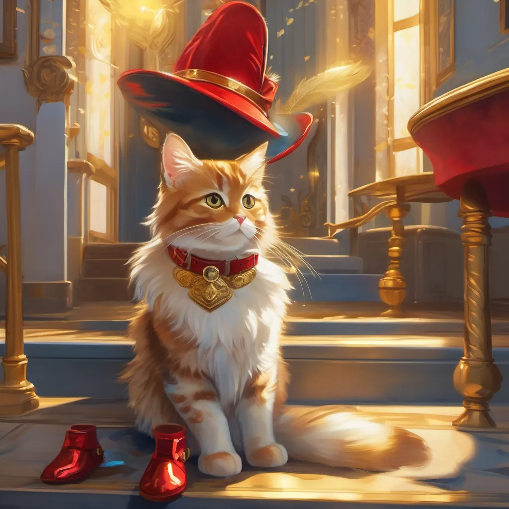A glowing golden feather illuminating A well-dressed, whimsical French cat wearing red shiny boots with bright buckles's face, reflecting sunlight