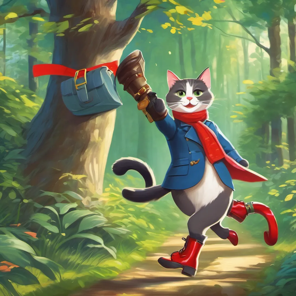 A well-dressed, whimsical French cat wearing red shiny boots with bright buckles dashing through a forest, his boots making noise, and he is visibly happy and energetic