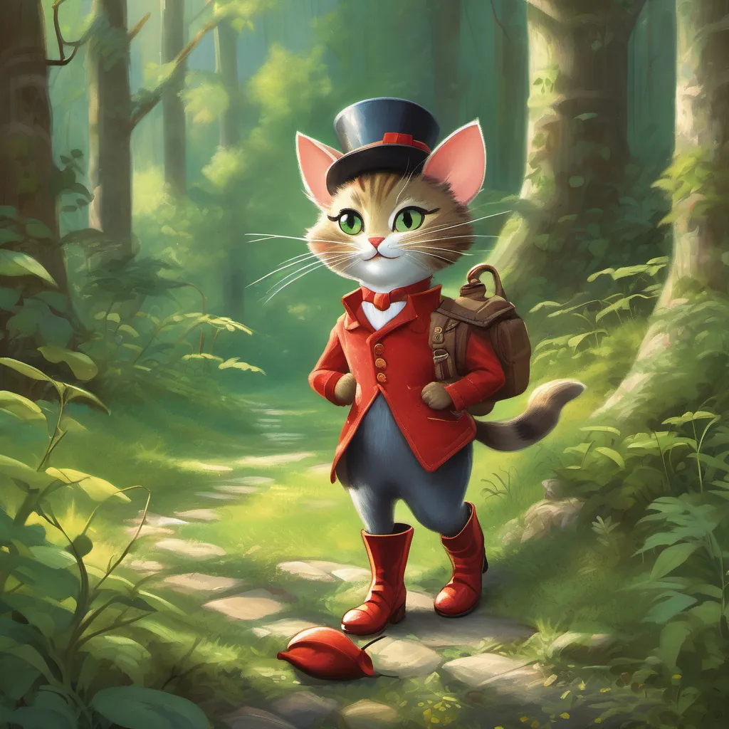 A well-dressed, whimsical French cat wearing red shiny boots with bright buckles meeting a small mouse named A cheerful and enthusiastic little mouse with a tiny hat, eager for adventure in a lush green forest, inviting him on an adventure