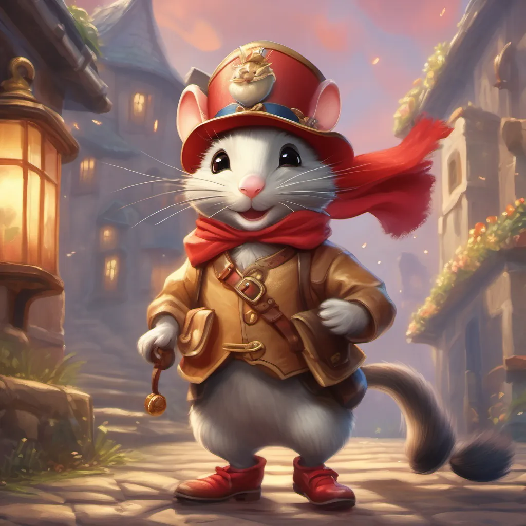 A cheerful and enthusiastic little mouse with a tiny hat, eager for adventure the mouse jumping with joy, expressing excitement about the treasure hunt with A well-dressed, whimsical French cat wearing red shiny boots with bright buckles