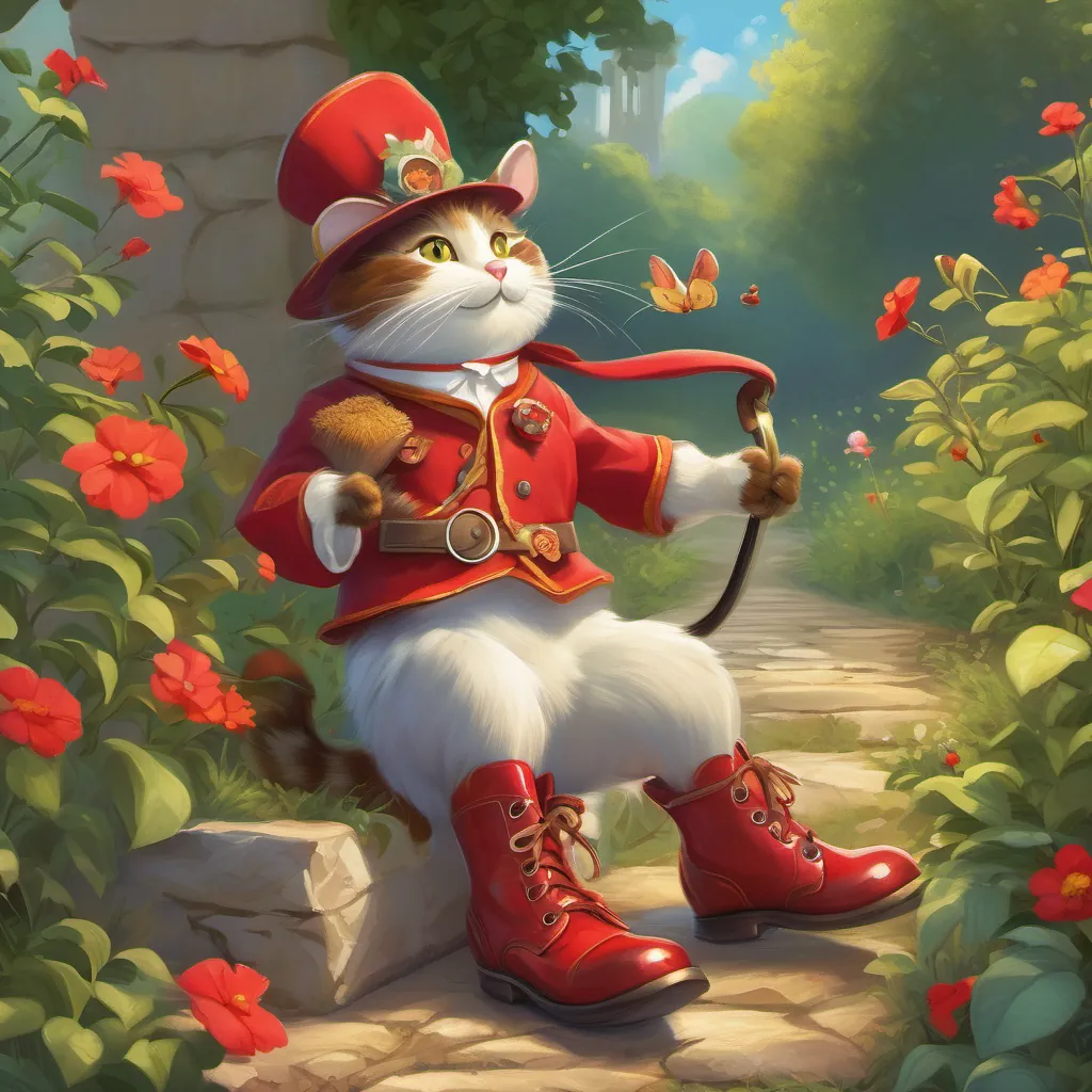 A well-dressed, whimsical French cat wearing red shiny boots with bright buckles and A cheerful and enthusiastic little mouse with a tiny hat, eager for adventure searching under bushes and climbing trees, looking for treasure