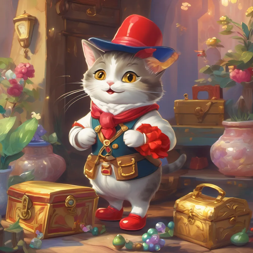 A well-dressed, whimsical French cat wearing red shiny boots with bright buckles and A cheerful and enthusiastic little mouse with a tiny hat, eager for adventure discovering a magical chest filled with shimmering treasures and colorful jewels