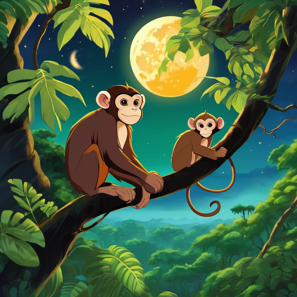 A lush jungle with tall trees, vines hanging down, and a bright full moon in the night sky. A small monkey with brown fur and mischievous green eyes, a small monkey with brown fur and mischievous green eyes, is sitting on a branch, looking up at the stars.