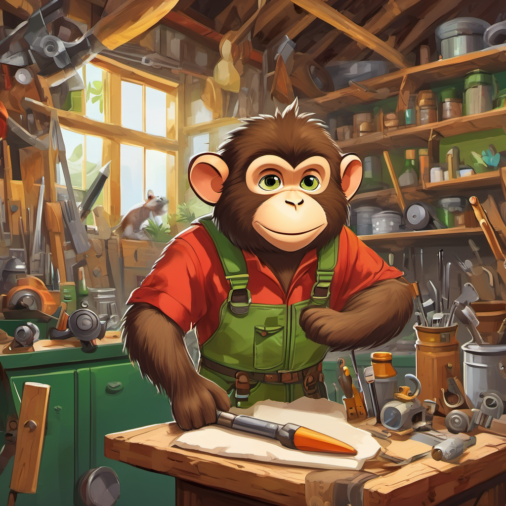 A small monkey with brown fur and mischievous green eyes is in a small workshop surrounded by tools and parts. He is wearing a tool belt and holding a blueprint of a rocket, with various materials scattered around him.