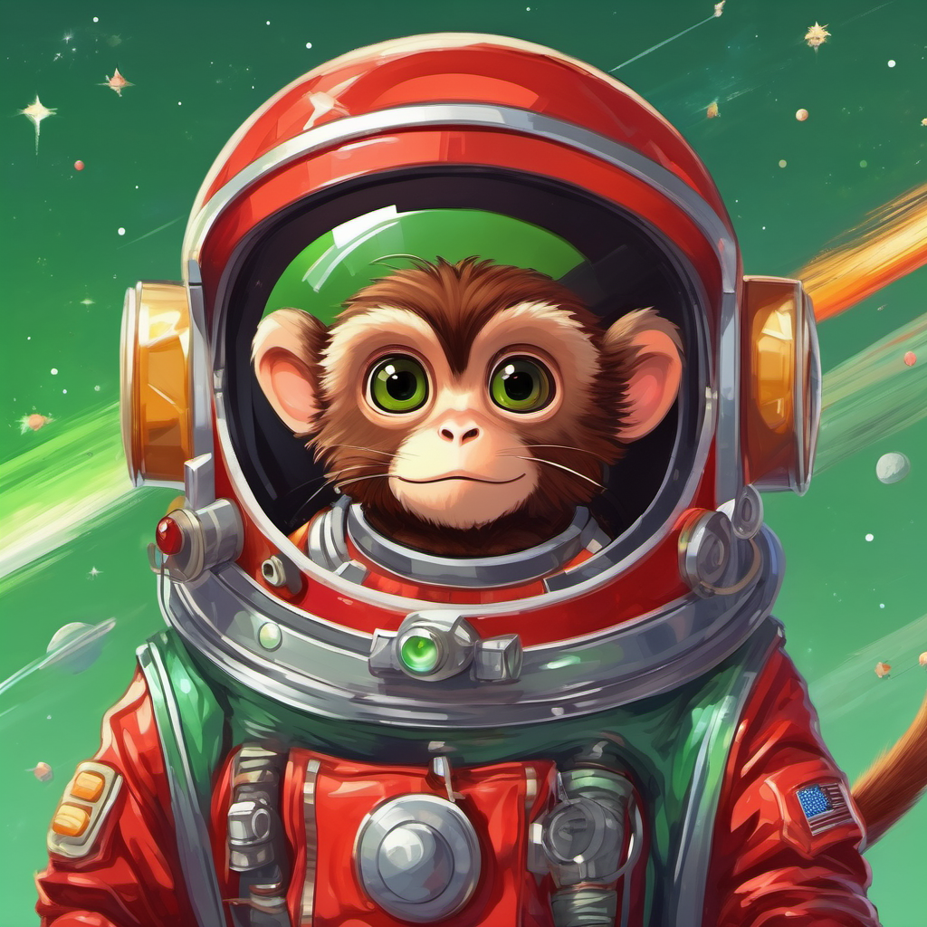 A small monkey with brown fur and mischievous green eyes is wearing a space suit, standing proudly next to his shiny red rocket.