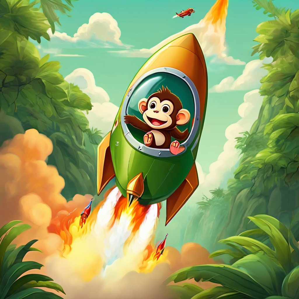 A small monkey with brown fur and mischievous green eyes is inside his rocket, with flames and smoke coming out from the bottom. The rocket is shooting up into the sky, leaving the jungle below.