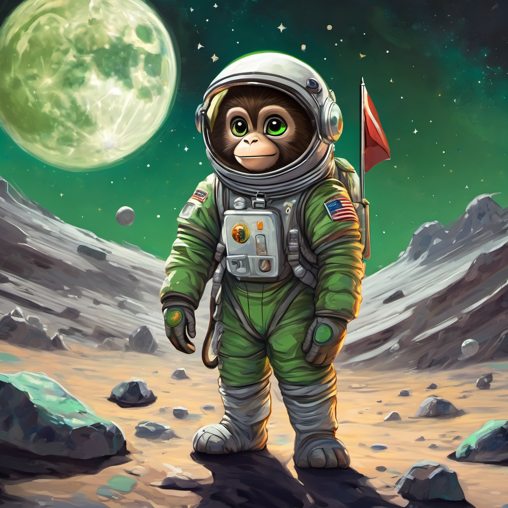 A small monkey with brown fur and mischievous green eyes is standing on the Moon's surface, surrounded by craters and moon rocks. He is wearing a space suit and holding a flag with his name on it.