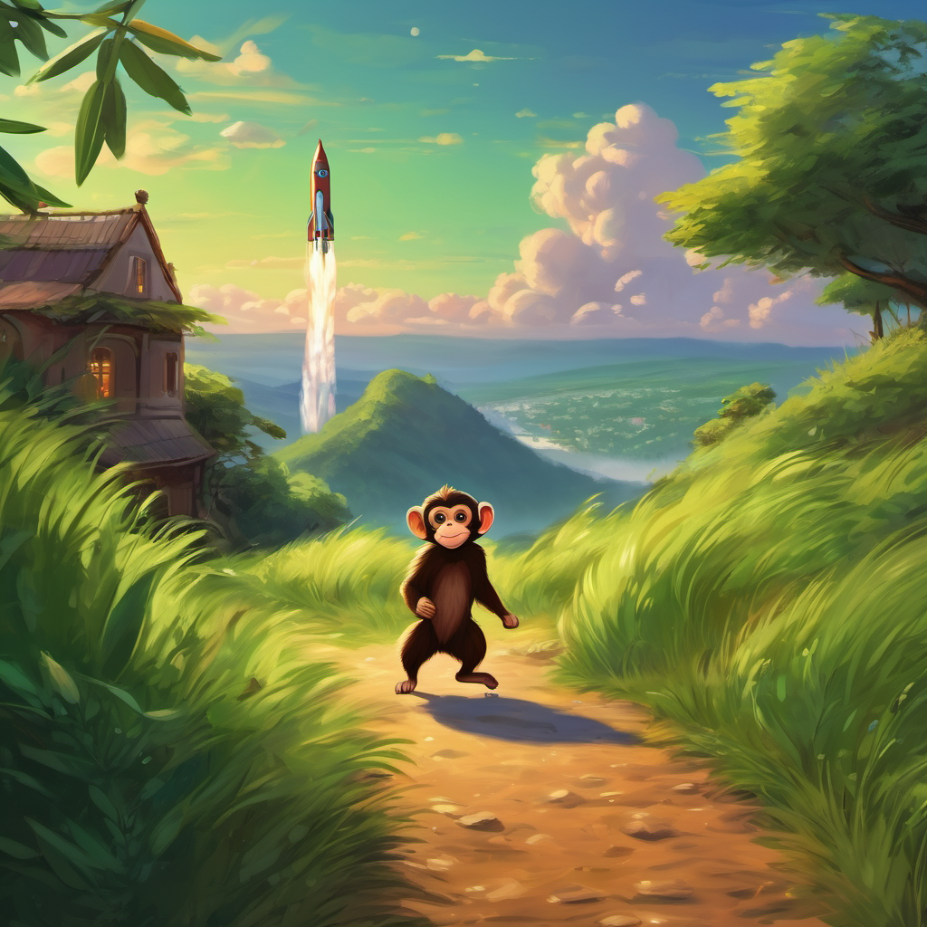 A small monkey with brown fur and mischievous green eyes's rocket is landing in the same place it took off, with the other monkeys watching in awe.