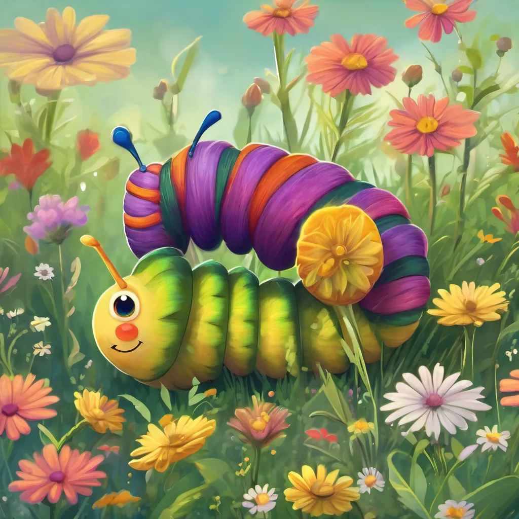A small, vibrant caterpillar with a curious expression in a sunny meadow filled with colorful wildflowers.