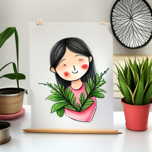 A kind-hearted girl who loves plants and nature. smiling while holding A green plant with pink flowers and thorny stems. gently