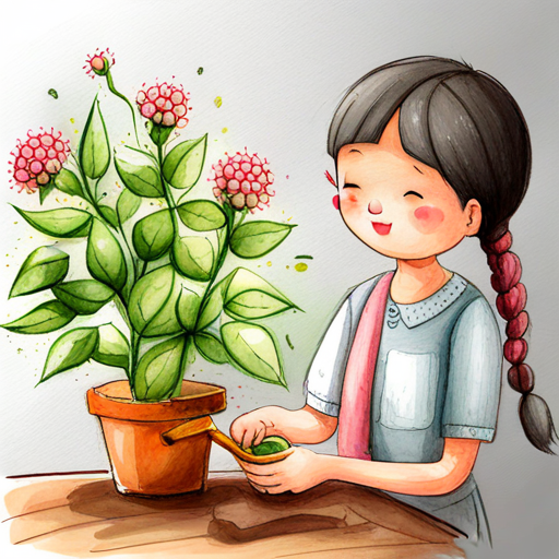 A kind-hearted girl who loves plants and nature. watering A green plant with pink flowers and thorny stems. and giving it sunlight