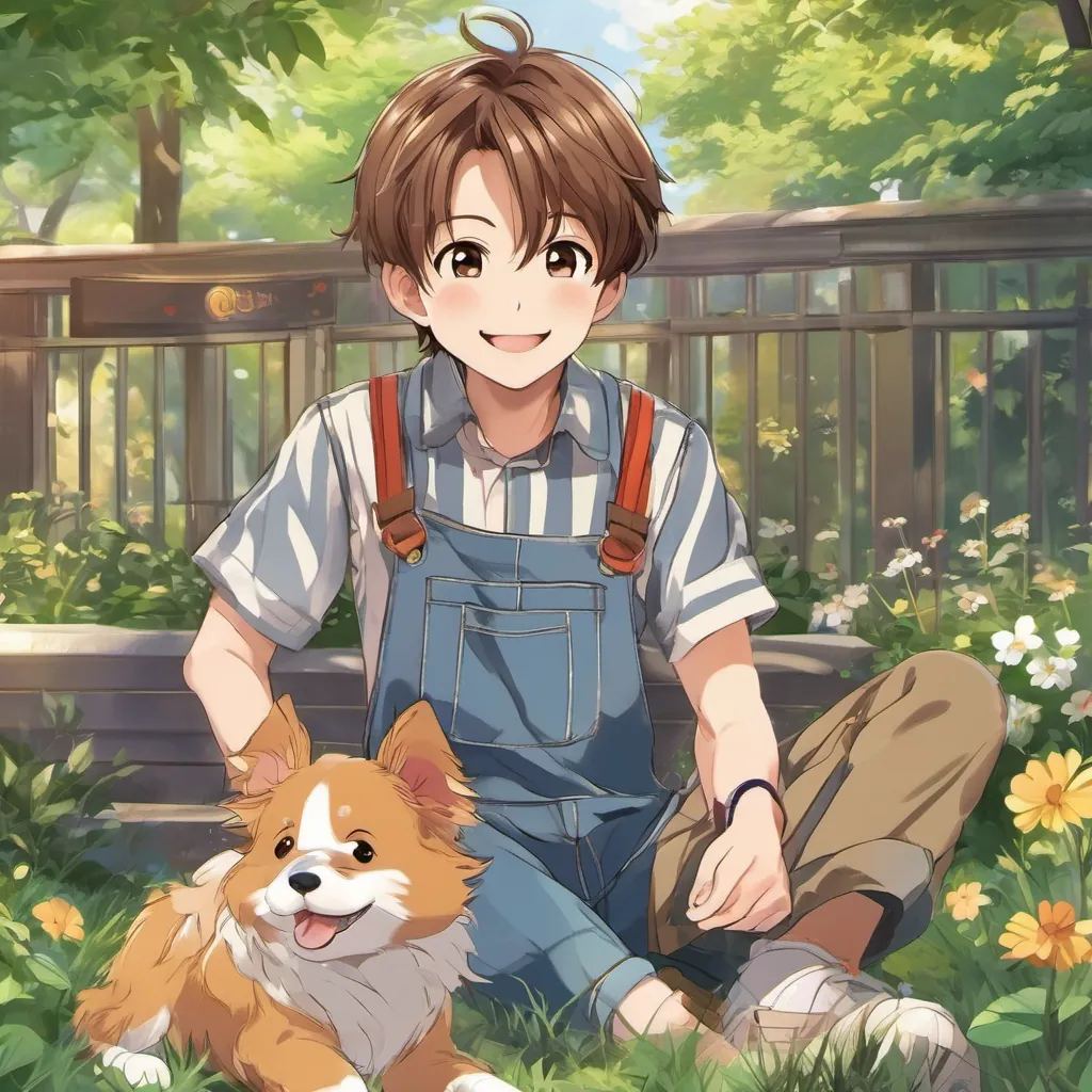 A cheerful boy named A cheerful young boy with brown hair, wearing overalls and a striped shirt, always smiling and his small, energetic puppy A small, energetic puppy with fluffy fur, expressive eyes, and a constantly wagging tail, playing in a sunny park