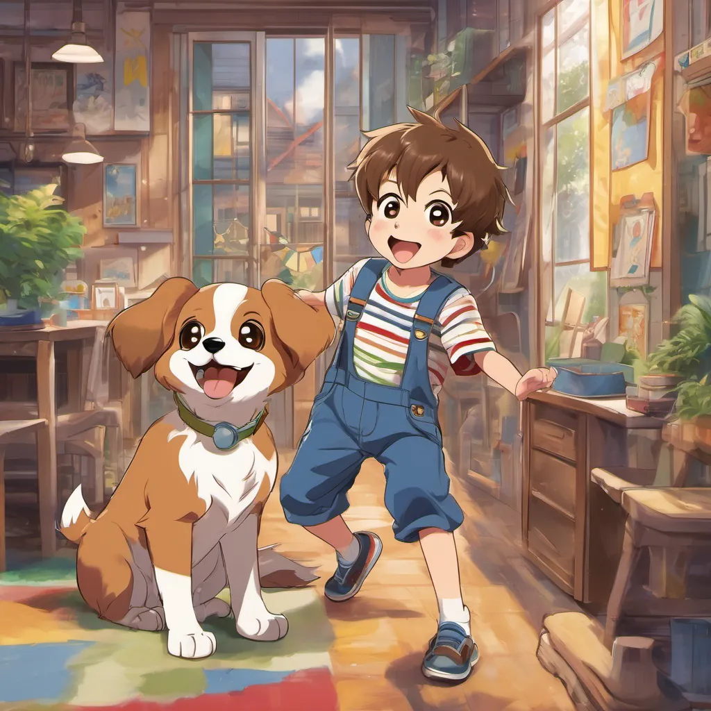 A small, energetic puppy with fluffy fur, expressive eyes, and a constantly wagging tail the puppy wagging his fluffy tail and barking joyfully while A cheerful young boy with brown hair, wearing overalls and a striped shirt, always smiling smiles