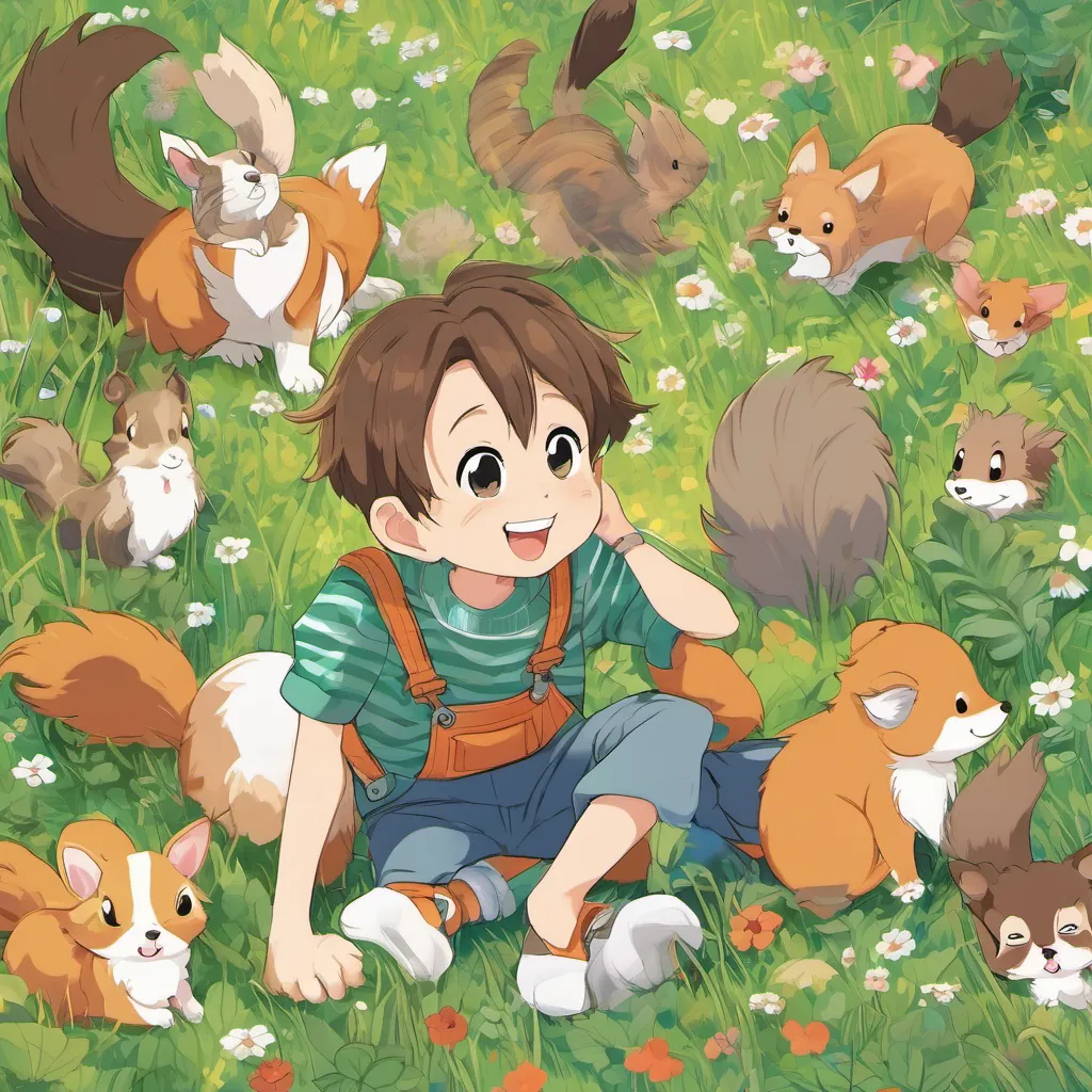 A cheerful young boy with brown hair, wearing overalls and a striped shirt, always smiling, A small, energetic puppy with fluffy fur, expressive eyes, and a constantly wagging tail, and A friendly squirrel with a bushy tail, bright eyes, and a curious expression lying in the grass, watching clouds form various whimsical shapes, A small, energetic puppy with fluffy fur, expressive eyes, and a constantly wagging tail's tail wagging contentedly