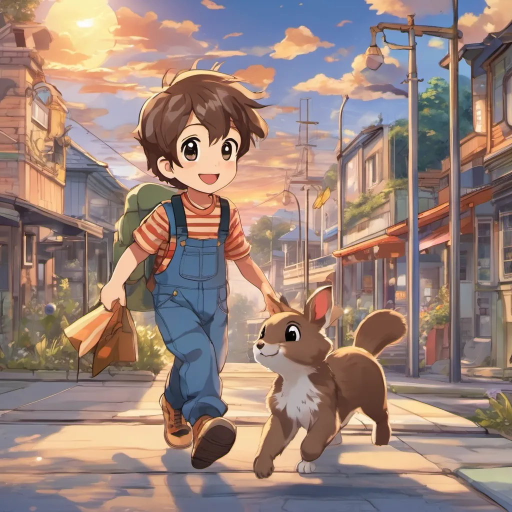 A cheerful young boy with brown hair, wearing overalls and a striped shirt, always smiling, A small, energetic puppy with fluffy fur, expressive eyes, and a constantly wagging tail, and A friendly squirrel with a bushy tail, bright eyes, and a curious expression walking home at sunset, feeling happy and content after their adventure