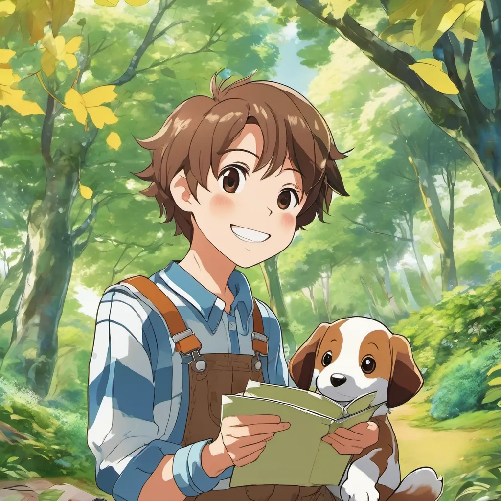 A cheerful young boy with brown hair, wearing overalls and a striped shirt, always smiling and A small, energetic puppy with fluffy fur, expressive eyes, and a constantly wagging tail looking at a map that resembles a large leaf, surrounded by a sunny woodland setting