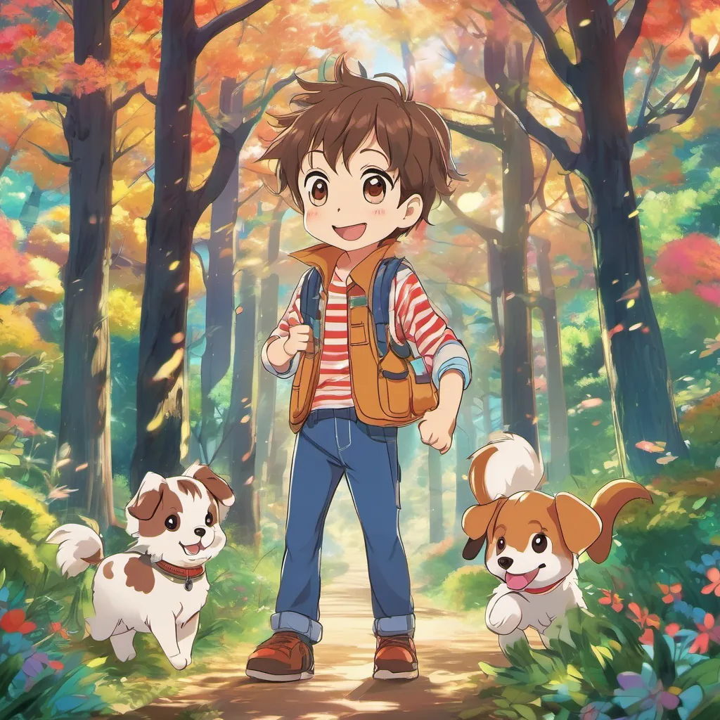 A cheerful young boy with brown hair, wearing overalls and a striped shirt, always smiling and A small, energetic puppy with fluffy fur, expressive eyes, and a constantly wagging tail marching through a colorful forest with whimsical trees that seem to wiggle and wave