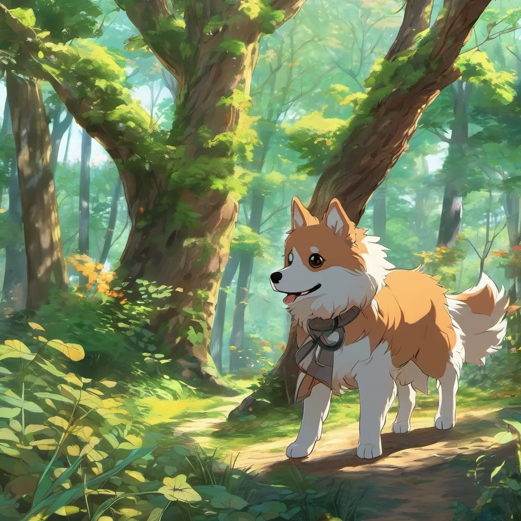 The trees in the forest swaying gently as if dancing, while A small, energetic puppy with fluffy fur, expressive eyes, and a constantly wagging tail barks at them playfully