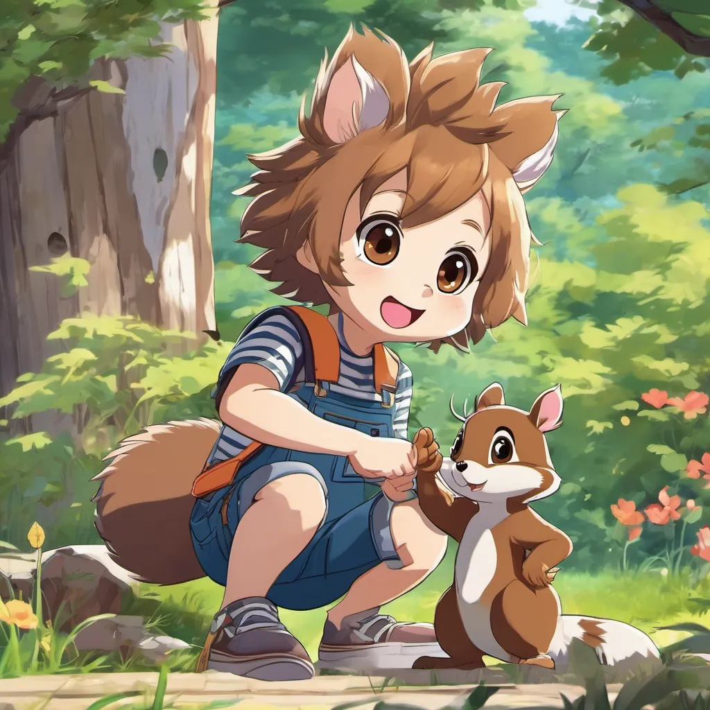 A cute squirrel named A friendly squirrel with a bushy tail, bright eyes, and a curious expression talking animatedly to A cheerful young boy with brown hair, wearing overalls and a striped shirt, always smiling and A small, energetic puppy with fluffy fur, expressive eyes, and a constantly wagging tail, who look intrigued