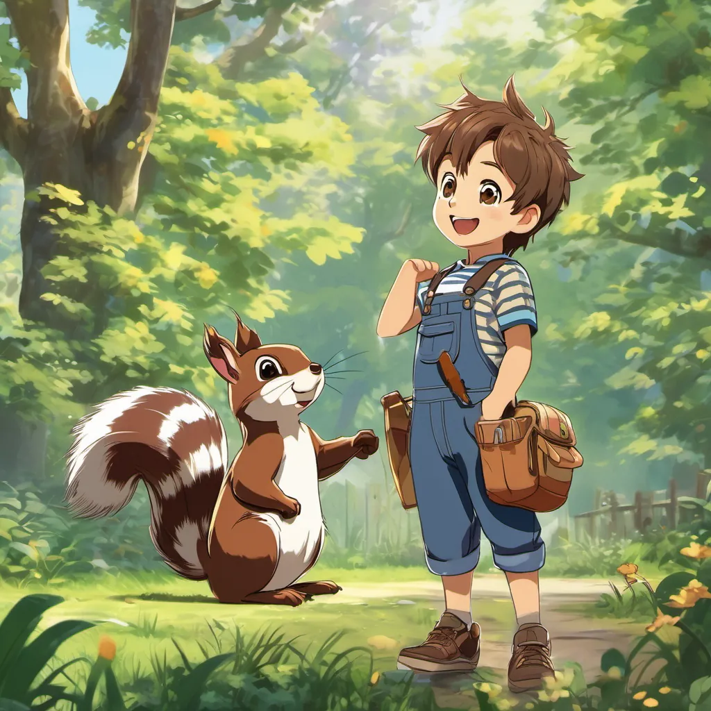 A cheerful young boy with brown hair, wearing overalls and a striped shirt, always smiling inviting A friendly squirrel with a bushy tail, bright eyes, and a curious expression the squirrel to join their adventure as A friendly squirrel with a bushy tail, bright eyes, and a curious expression's bushy tail twitches eagerly