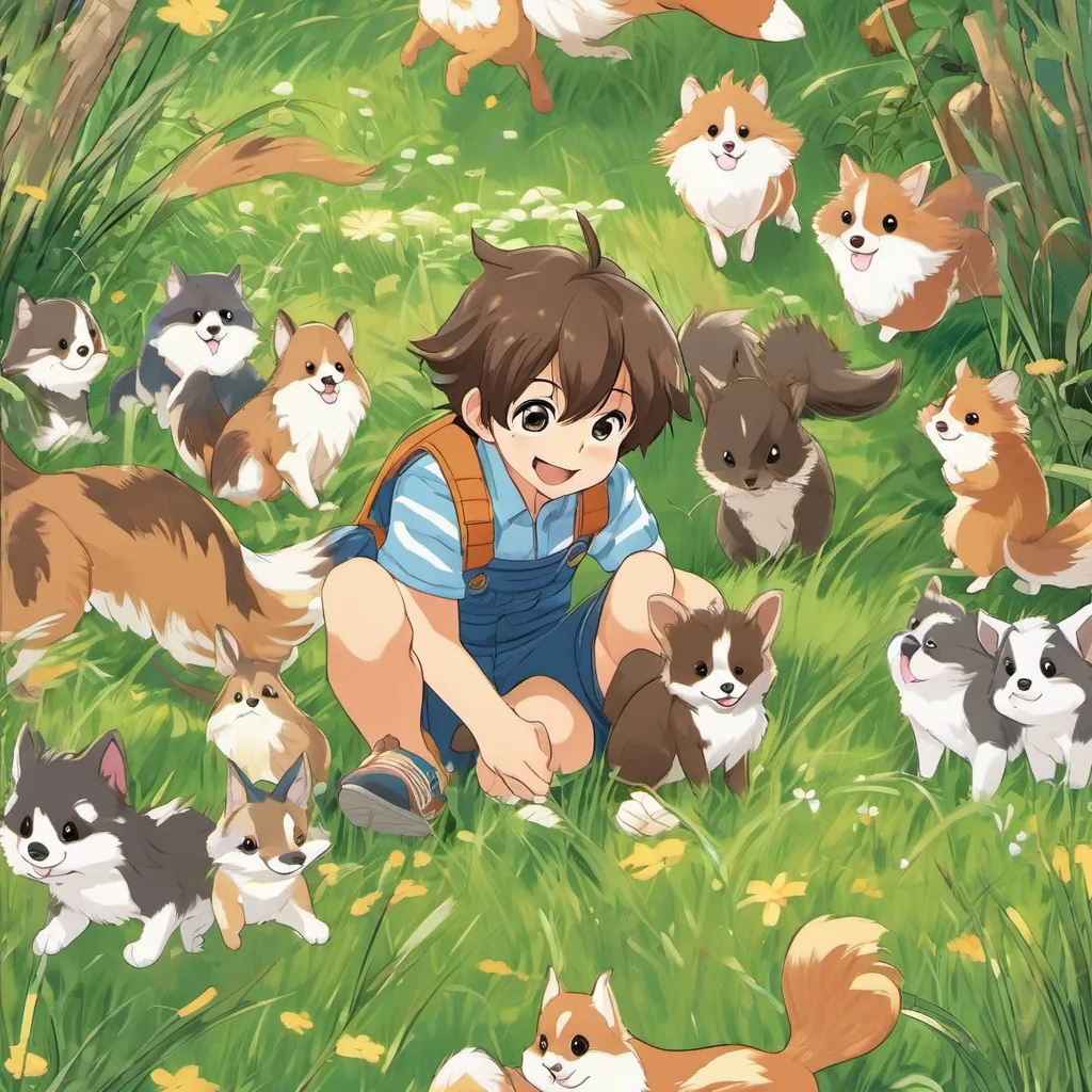 A cheerful young boy with brown hair, wearing overalls and a striped shirt, always smiling, A small, energetic puppy with fluffy fur, expressive eyes, and a constantly wagging tail, and A friendly squirrel with a bushy tail, bright eyes, and a curious expression running together energetically with A small, energetic puppy with fluffy fur, expressive eyes, and a constantly wagging tail joyfully leaping through the grass