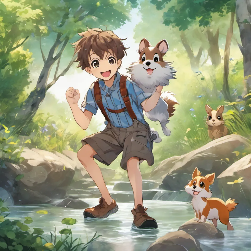 A cheerful young boy with brown hair, wearing overalls and a striped shirt, always smiling, A small, energetic puppy with fluffy fur, expressive eyes, and a constantly wagging tail, and A friendly squirrel with a bushy tail, bright eyes, and a curious expression crossing a small, lively brook, with water splashing playfully around A small, energetic puppy with fluffy fur, expressive eyes, and a constantly wagging tail