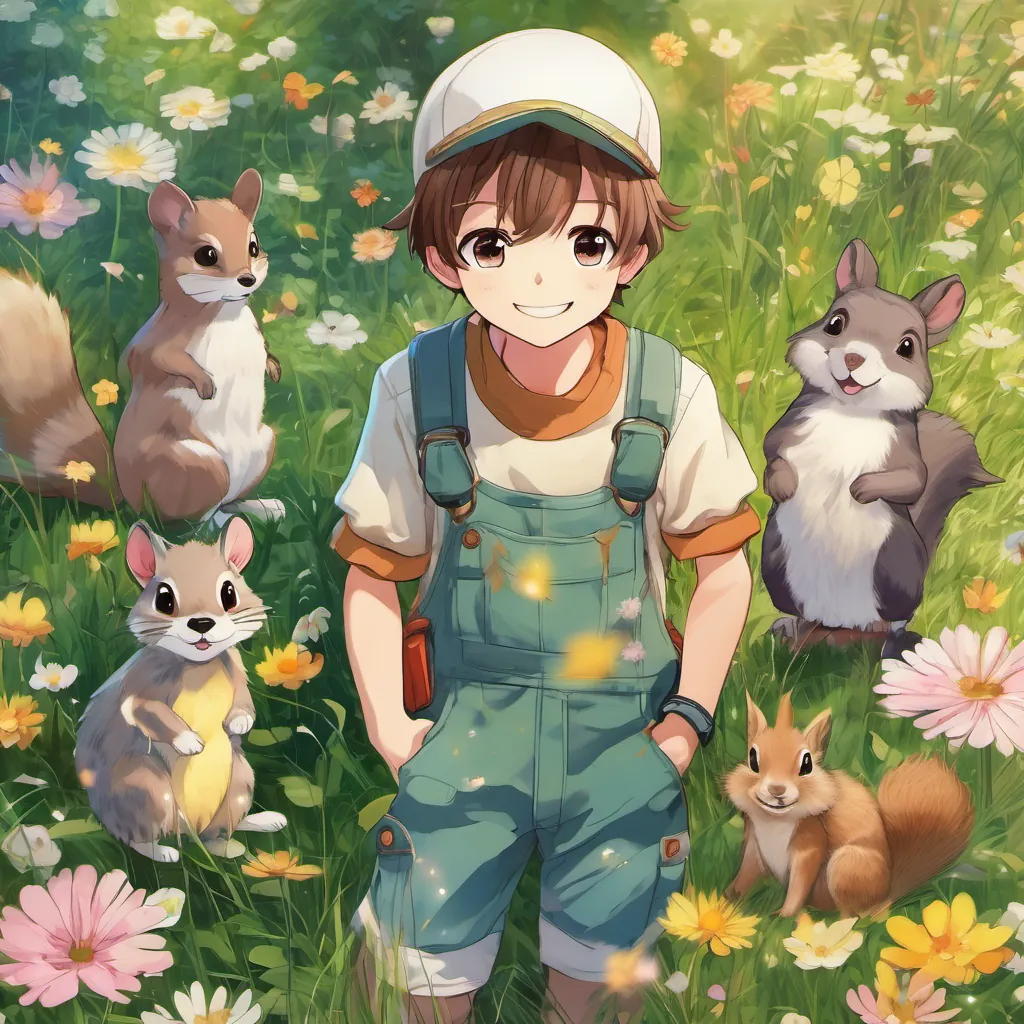 A serene, beautiful glade filled with sparkling flowers and lush green grass, A cheerful young boy with brown hair, wearing overalls and a striped shirt, always smiling, A small, energetic puppy with fluffy fur, expressive eyes, and a constantly wagging tail, and A friendly squirrel with a bushy tail, bright eyes, and a curious expression looking awe-struck