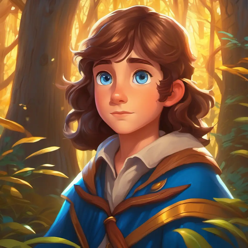 Sun setting on the magical forest, Young wizard, brown hair, bright blue eyes's determination
