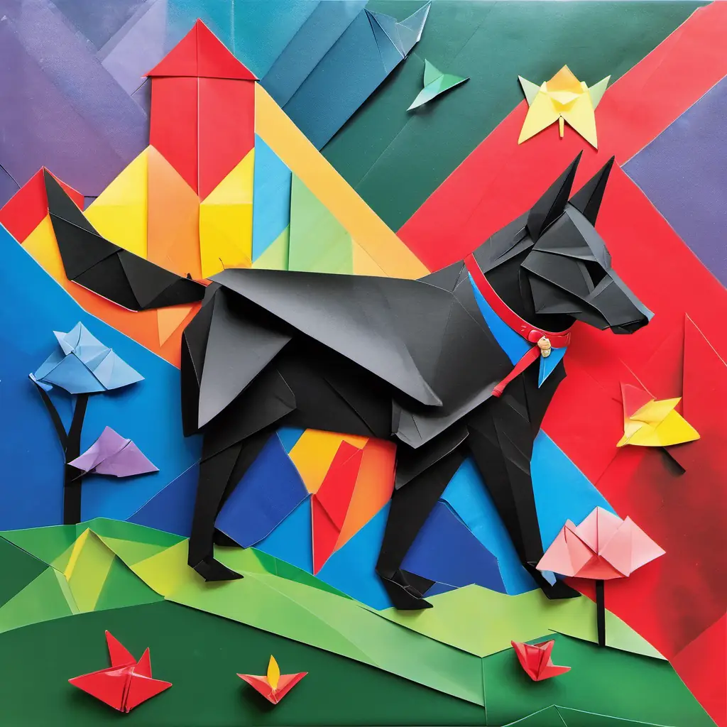 Shiny black coat, bright blue eyes, red collar with bell walking to school