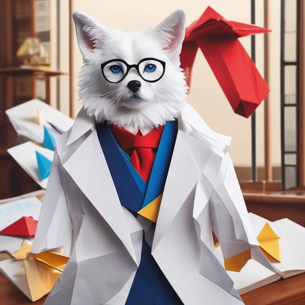 Meeting Fluffy white coat, kind brown eyes, spectacles, Shiny black coat, bright blue eyes, red collar with bell's teacher