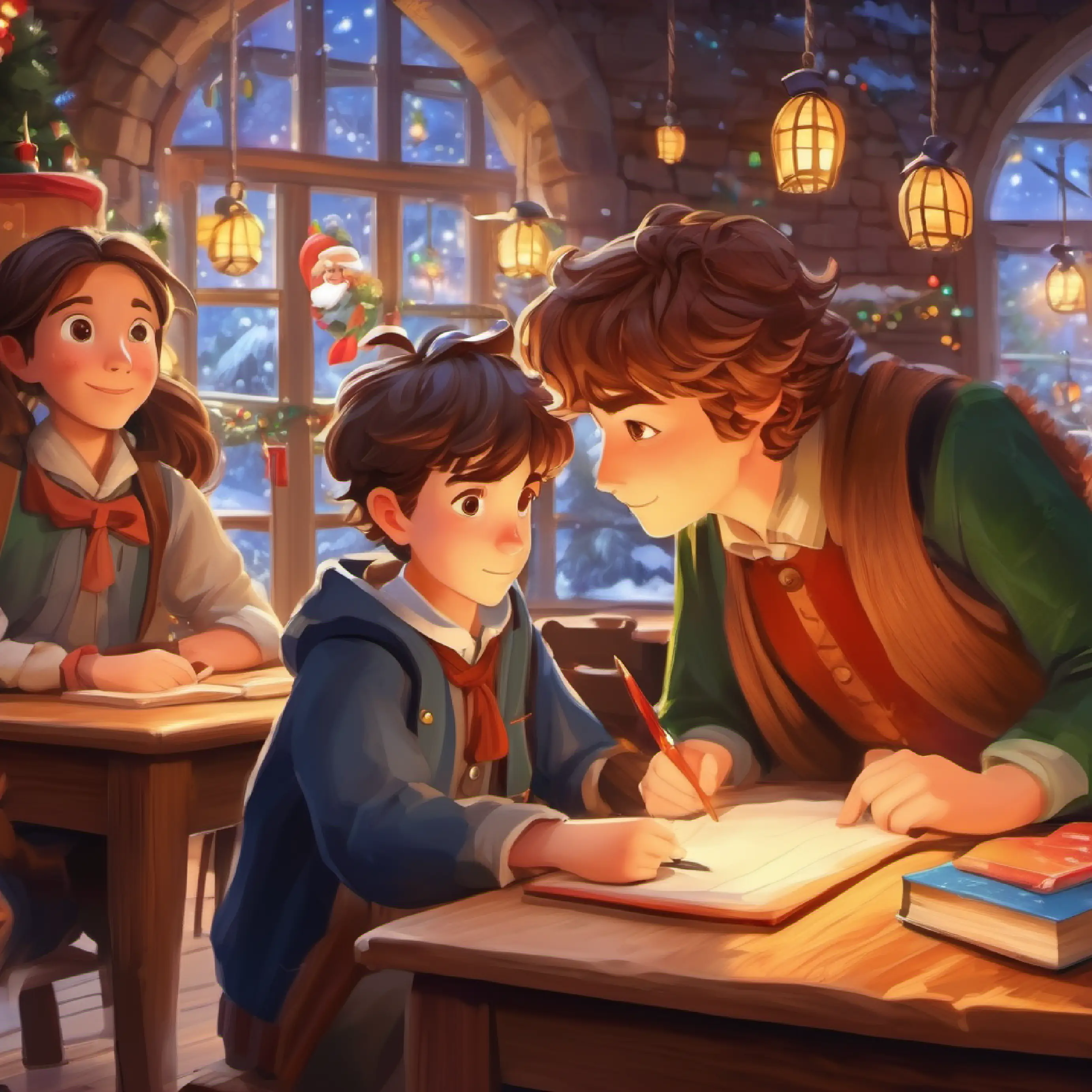 Introducing the village and A spry boy with amber eyes and untamed chestnut hair's character, a classroom setting.
