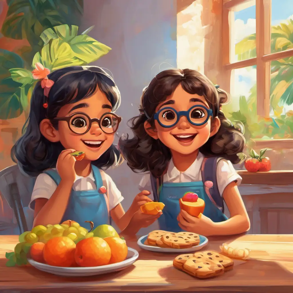 Martina, Isabela, and Eloisa are happily sharing their extra snacks. Martina gives Isabela a sandwich, Isabela gives Eloisa some fruit, and Eloisa gives Martina a cookie. They are all smiling and enjoying the treats.