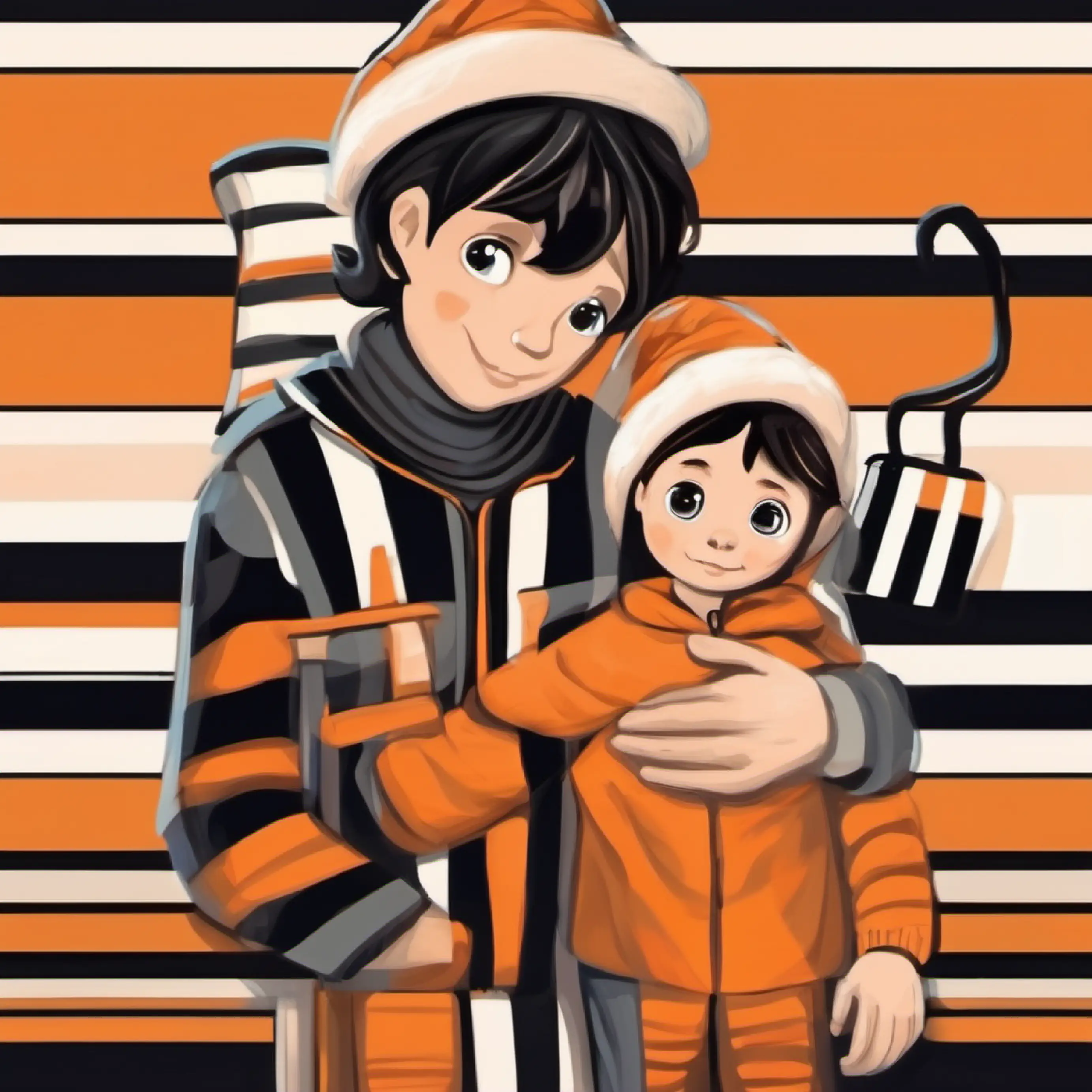 Orange with black stripes, curious eyes, small for his age reads 'Welcome' sign and releases his mom's hand hesitantly.