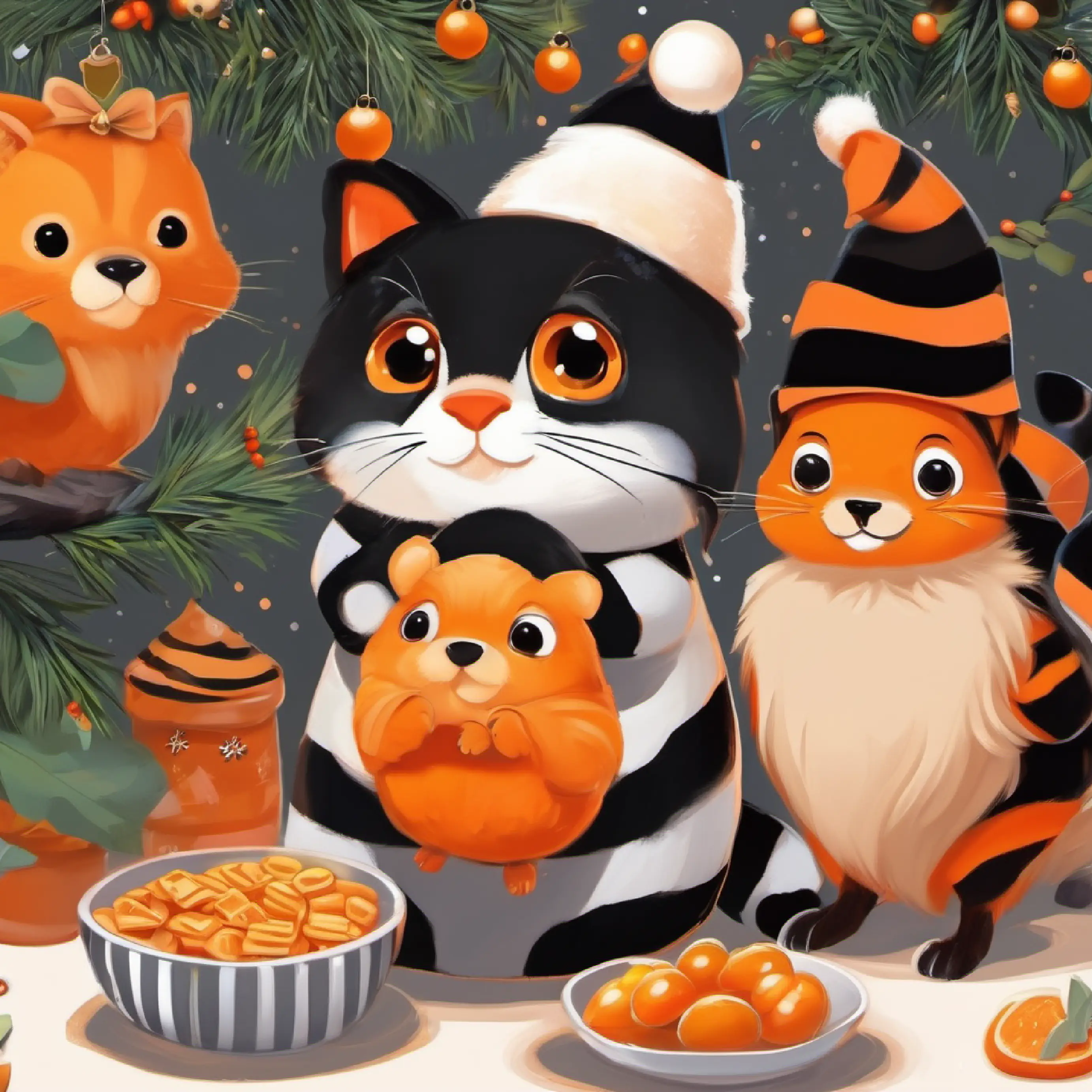 Orange with black stripes, curious eyes, small for his age enjoying snacks and laughter with his new friends.