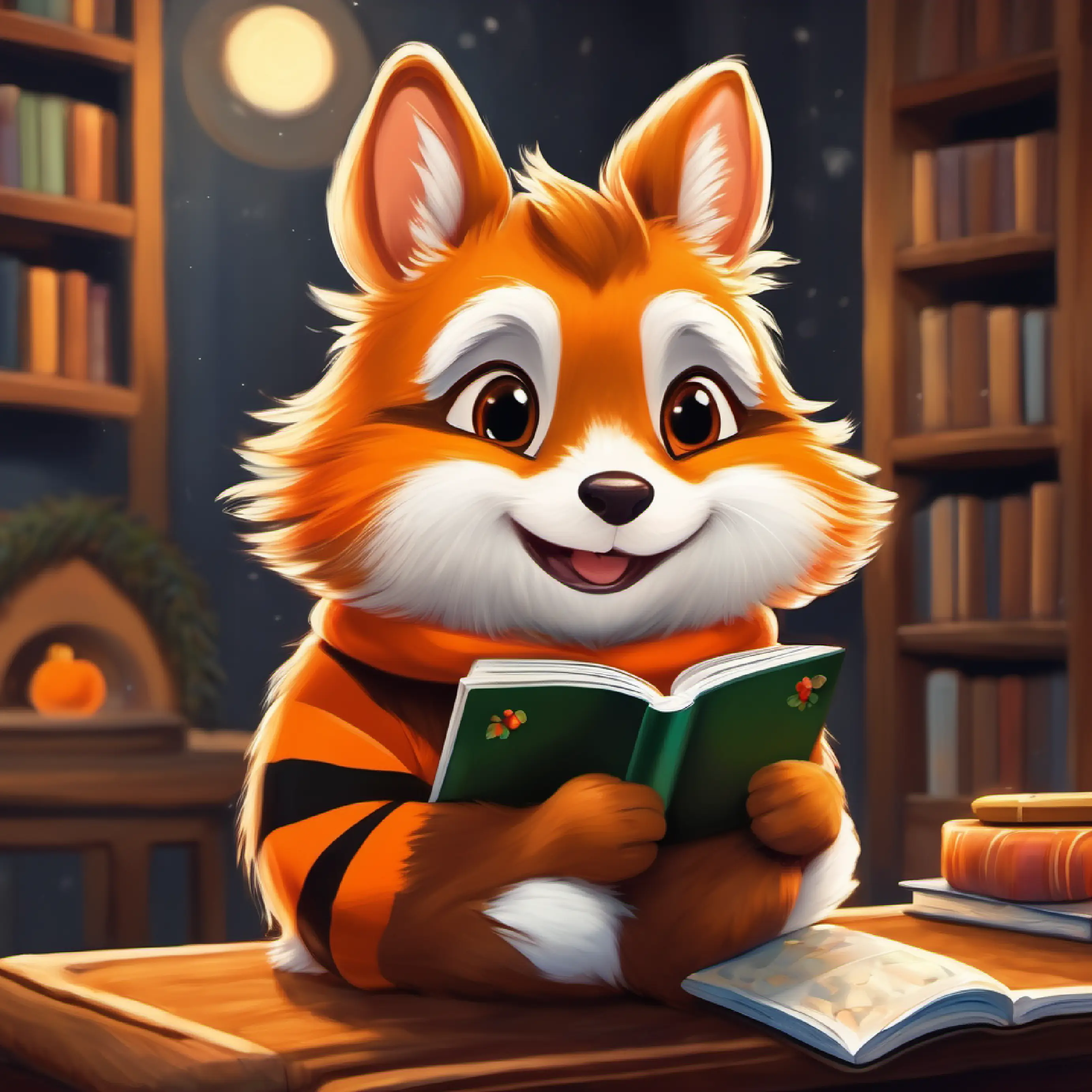 Quiet time as Tall, brown fur, warm smile, always hopping around reads a story and Orange with black stripes, curious eyes, small for his age is focused.