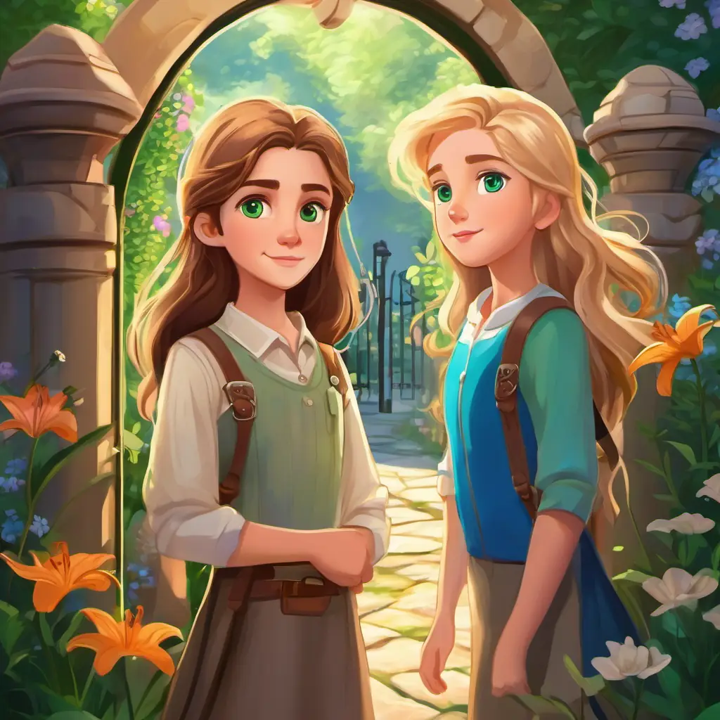 Lily: long brown hair, green eyes, adventurous spirit, caring and Max: short blond hair, blue eyes, curious, energetic discover magical garden, town, gate, siblings, mysterious