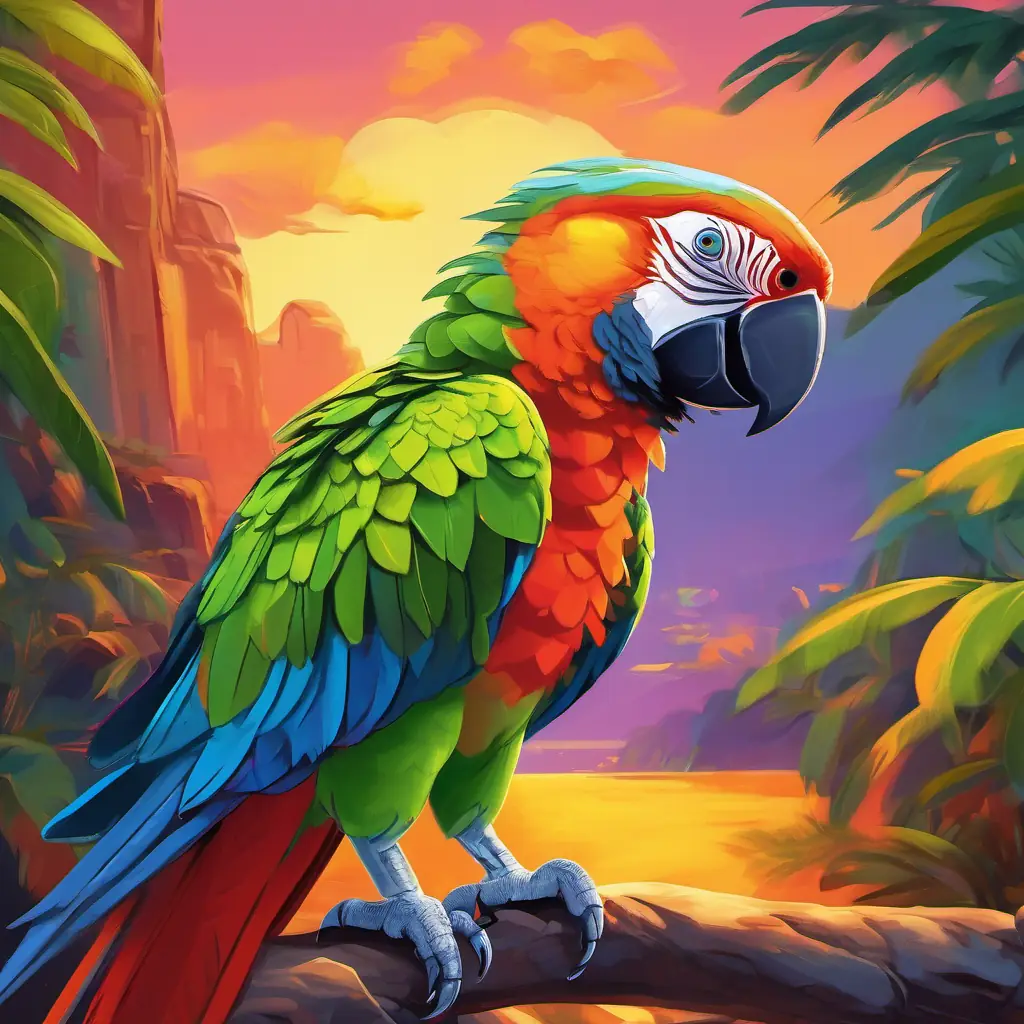 Meeting Polly the parrot, vivid colors, adventure, talking, friendly