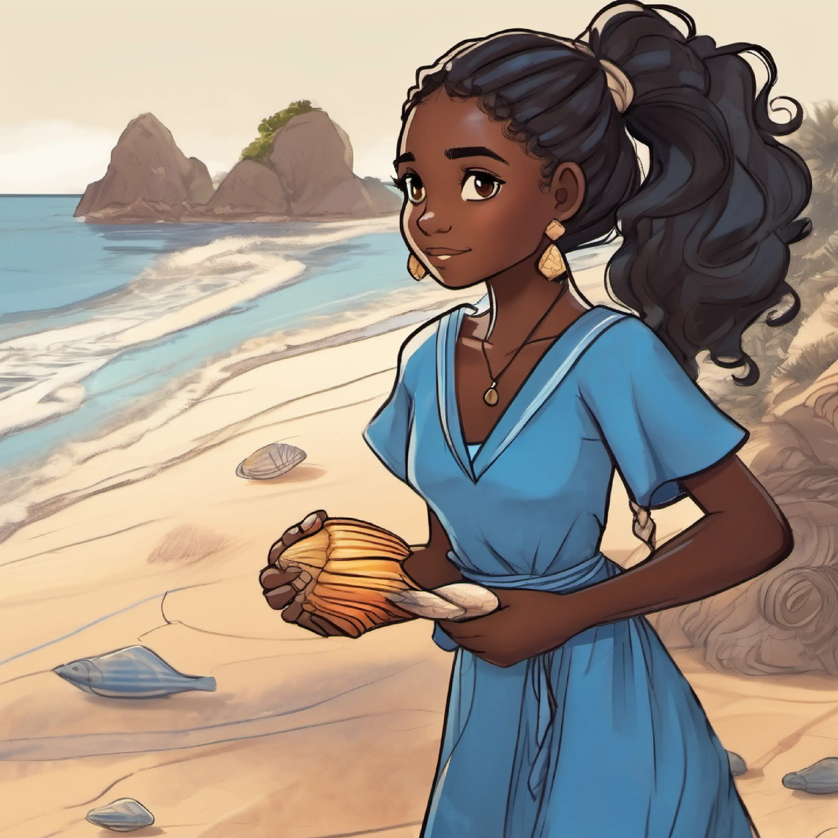 Beach, Chiedza and Tariro finding a seashell