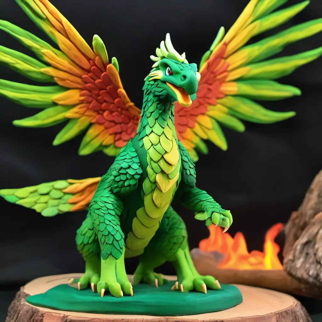 Majestic, green scales, large wings, fiery breath breathes fire, Anika readies for battle